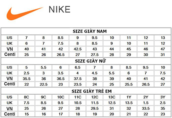 Bảng size giày Nike nam